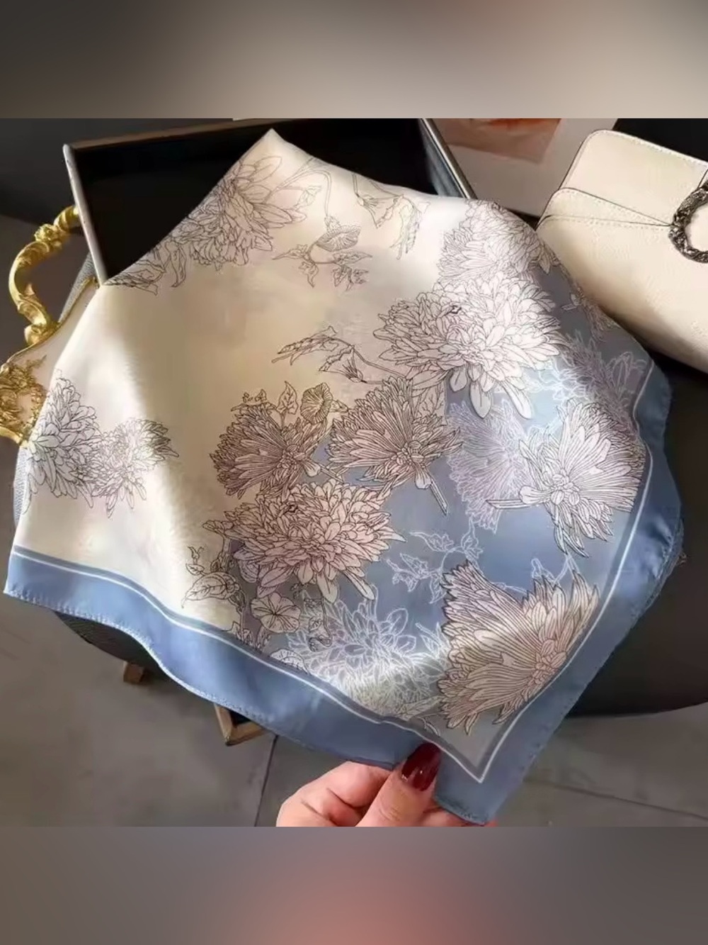 Elegant Floral Silk-Feel Scarf in Light Blue and Cream